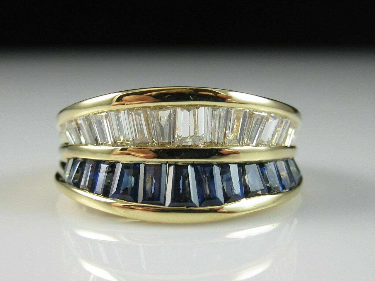 Beautiful Baguette Cut Simulated Sapphire & Diamond Band Ring | 14K Gold Plated 925 Silver Jewelry