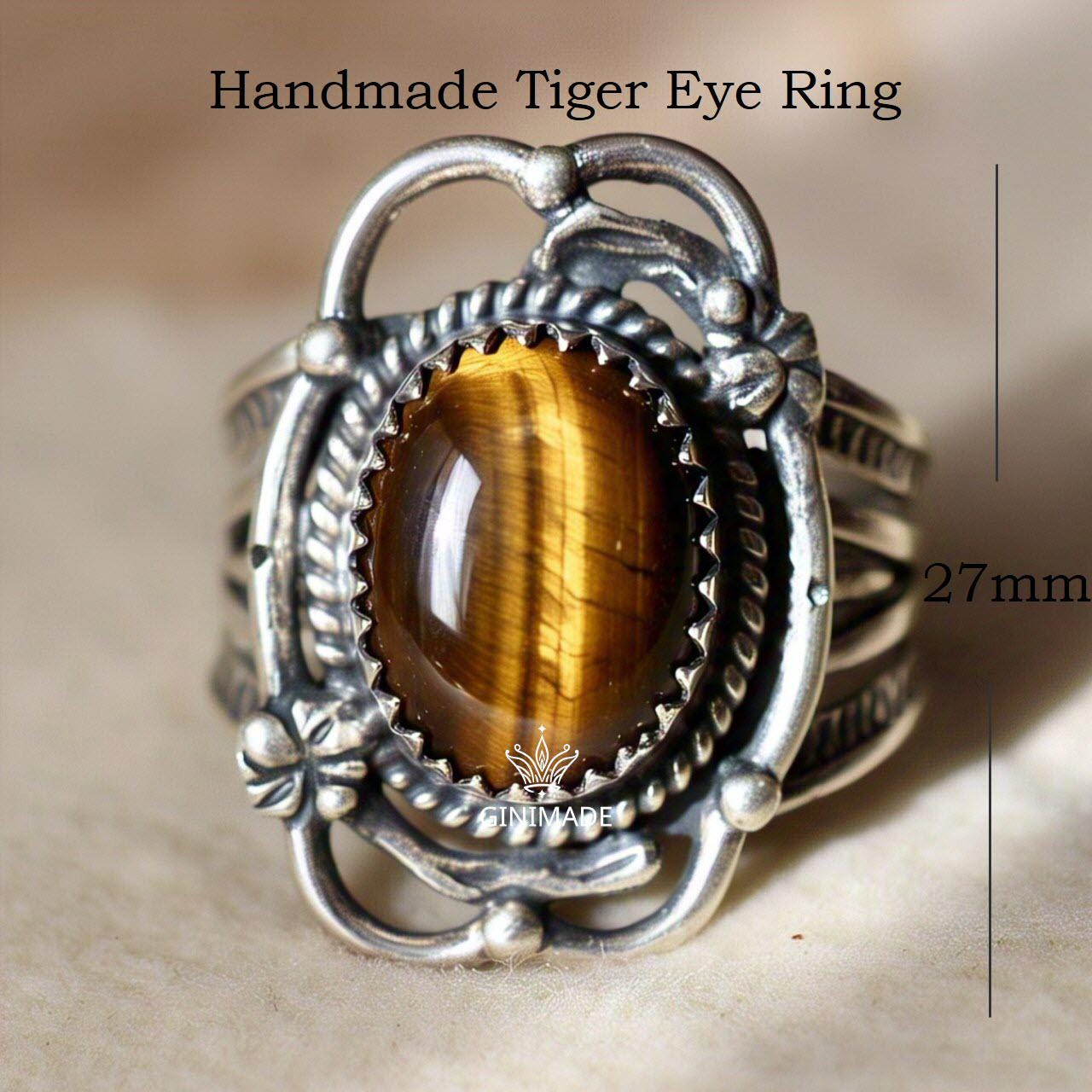 Handmade Tiger Eye Ring | Oxidized 925 Sterling Silver Ring | Boho Vintage Ring | Healing Gemstone Jewelry | Gift for Him/Her