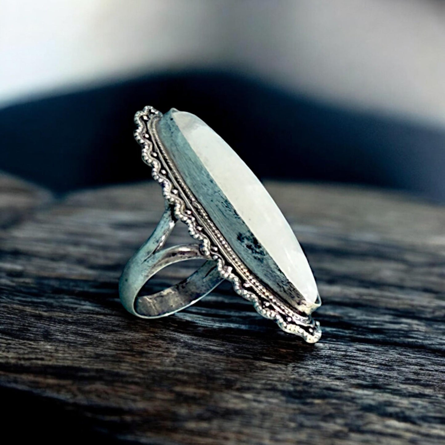 Boho 925 Sterling Silver Moonstone Ring | Long Oval Statement Ring | Handmade Vintage Style Rainbow Moonstone Jewelry for Her