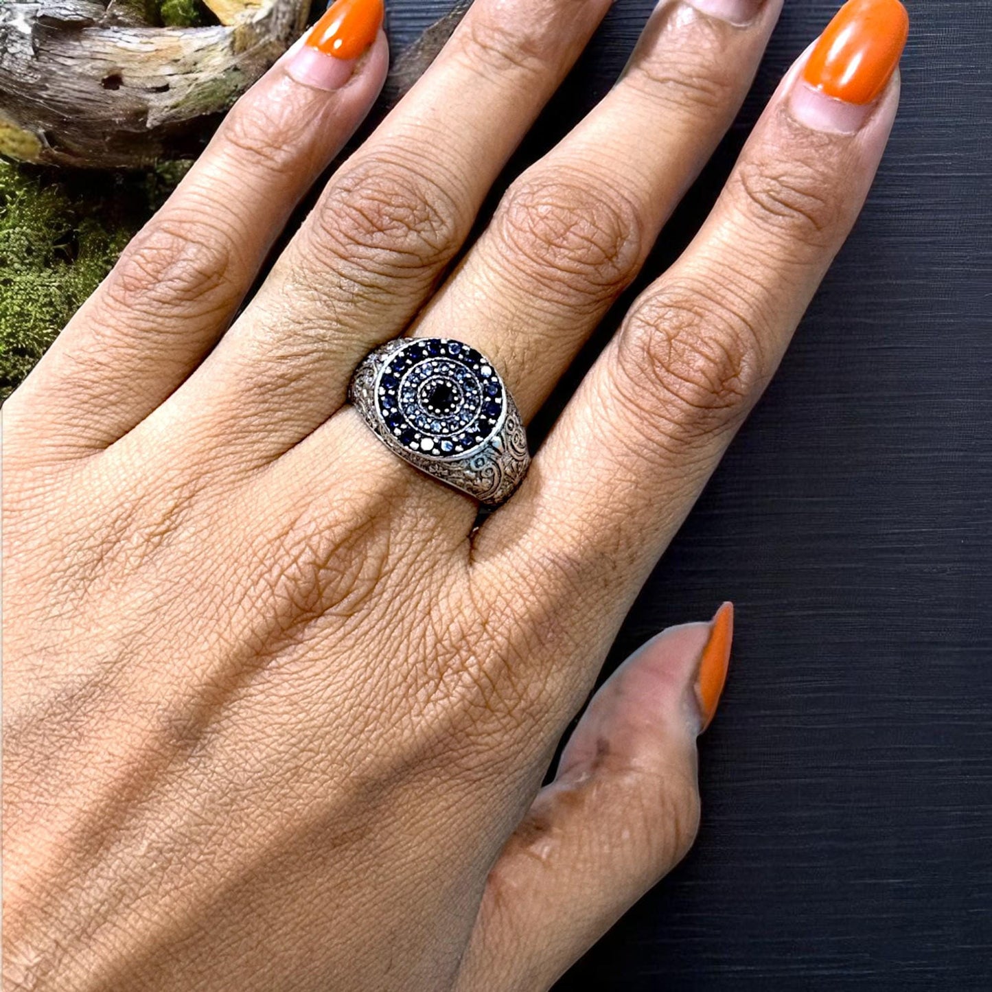 Boho Vintage-Inspired Men's Silver Ring – Ornate Signet with Blue & White CZ, A Timeless Piece Echoing Ancient Craft.