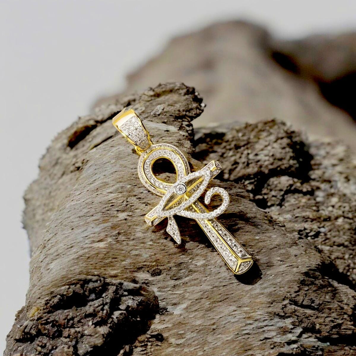 Ankh Cross Necklace • Eye of Horus Pendant • 925 Sterling Silver with CZ Stones • Gold Plated Minimalist Jewelry