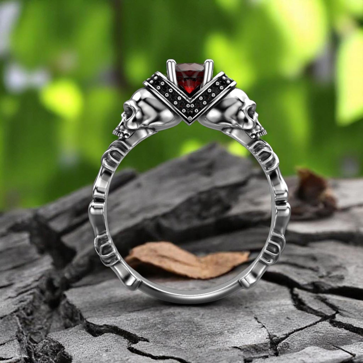 Skull Ring with Hessonite Garnet • 925 Sterling Silver Gothic  Ring • Unique Skull Jewelry for Men & Women • Halloween Wedding Ring