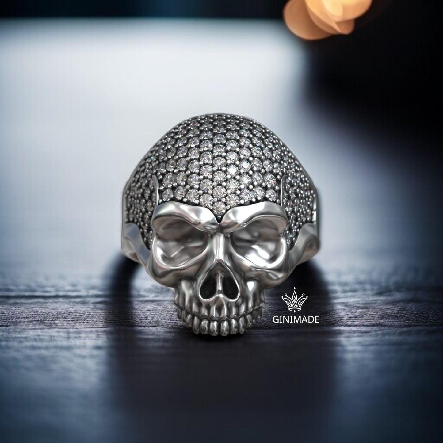 Diamond Skull Ring for Men – Sterling Silver Gothic Skull Head Ring – Iced Out Punk Biker Jewelry – Handmade Statement Ring by Ginimade