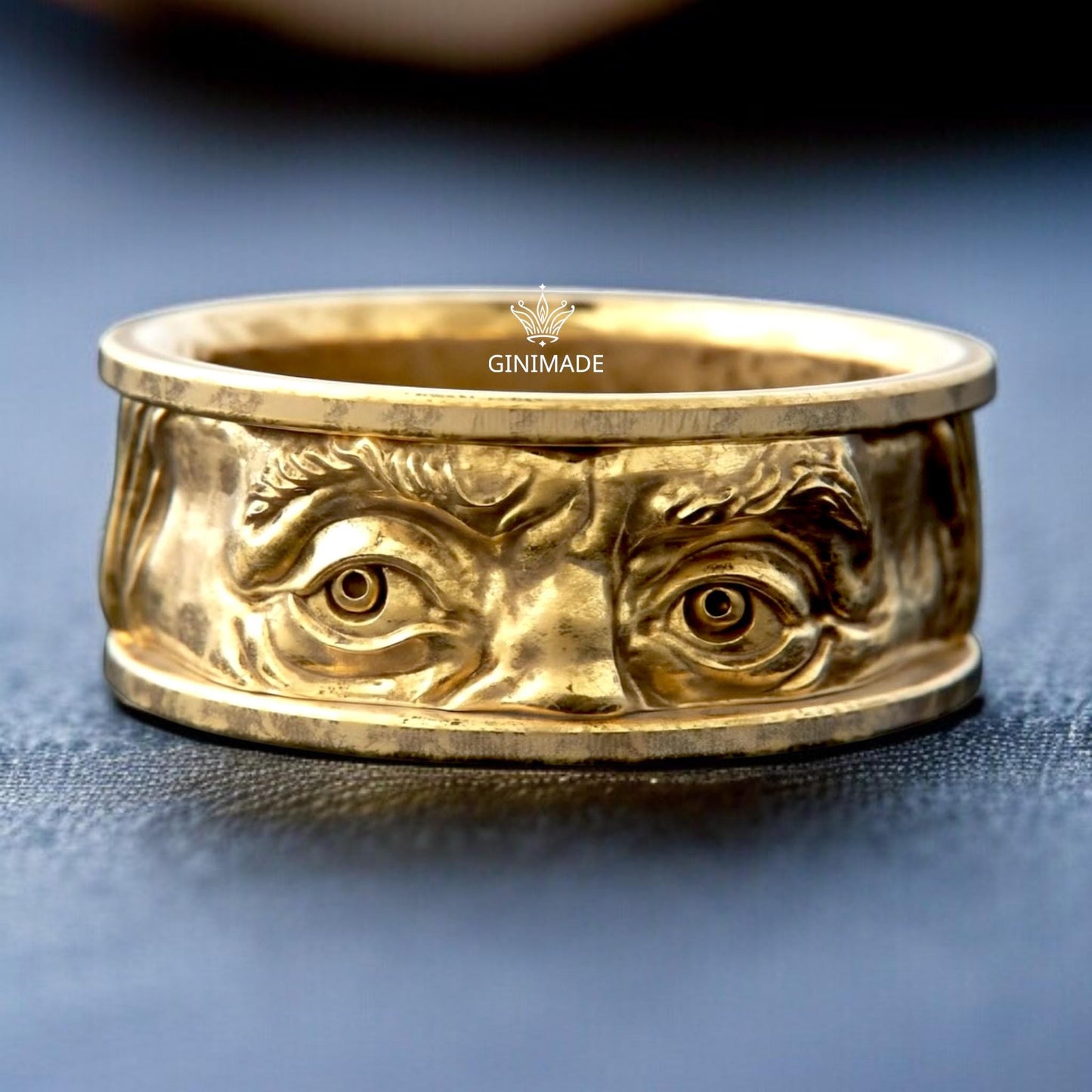 Franklin Eyes Ring | Bold Gold Face Ring | Handmade Sculpted Eye Band | GINIMADE Statement Jewelry | Gothic Men's Ring | Unique Artisan Ring