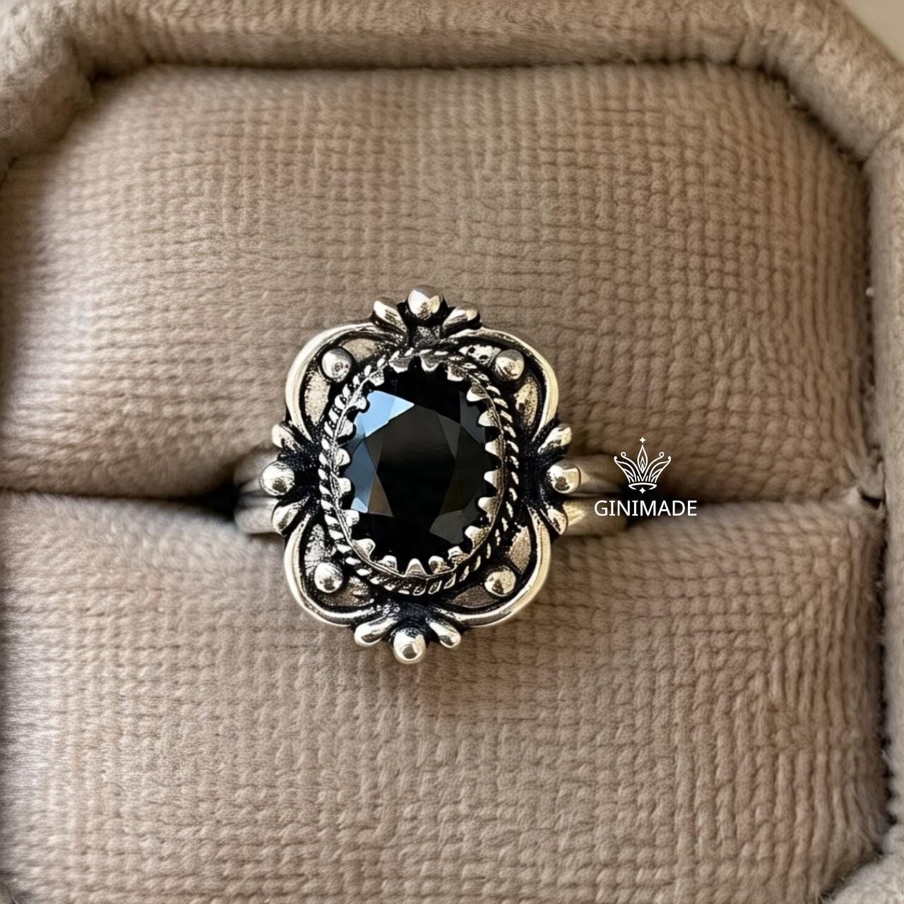 Black Onyx Ring 925 Sterling Silver • Gothic Statement Ring • Handmade Oxidized Silver Ring • Vintage Boho Jewelry • Unique Gift for her.