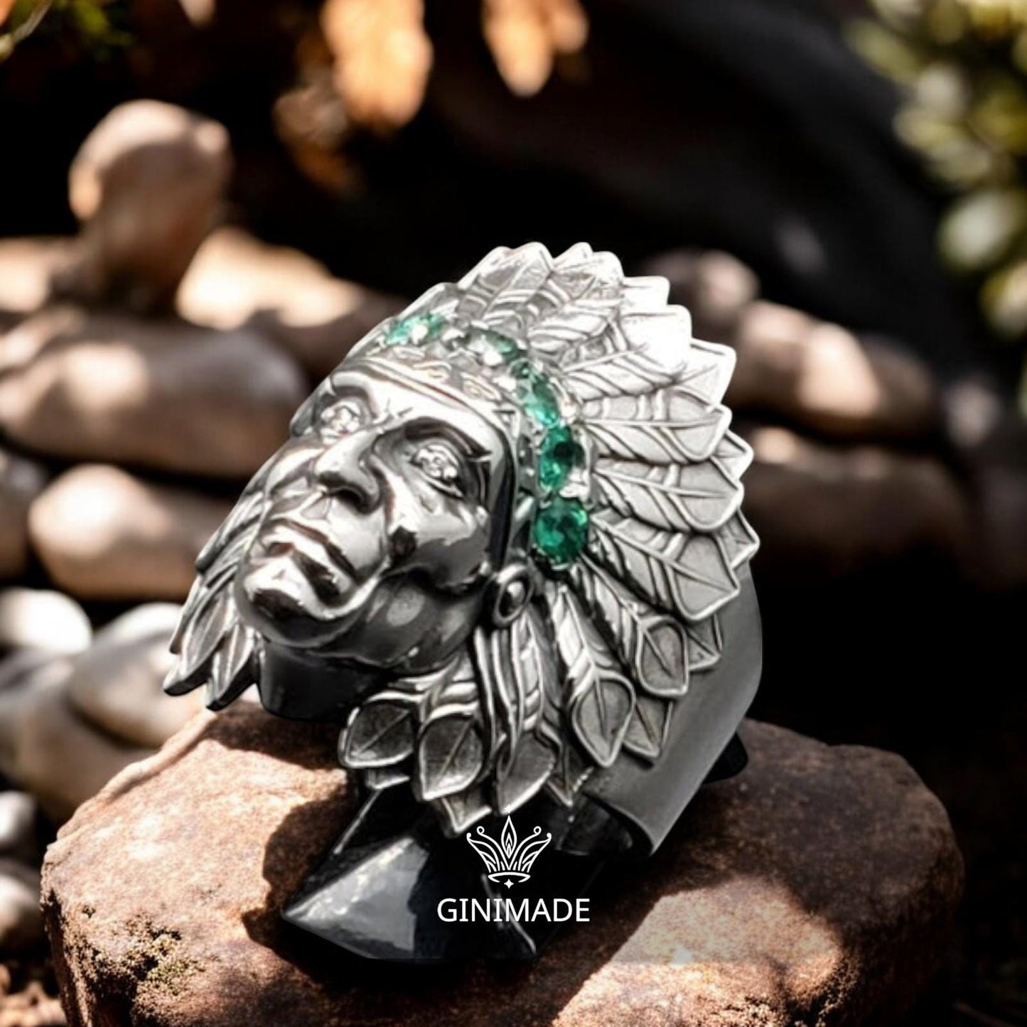 Tribal Chief Ring | 925 Sterling Silver Warrior Band | Bold Men's Statement Ring | Emerald CZ Crown | Handmade Father's Day Gift