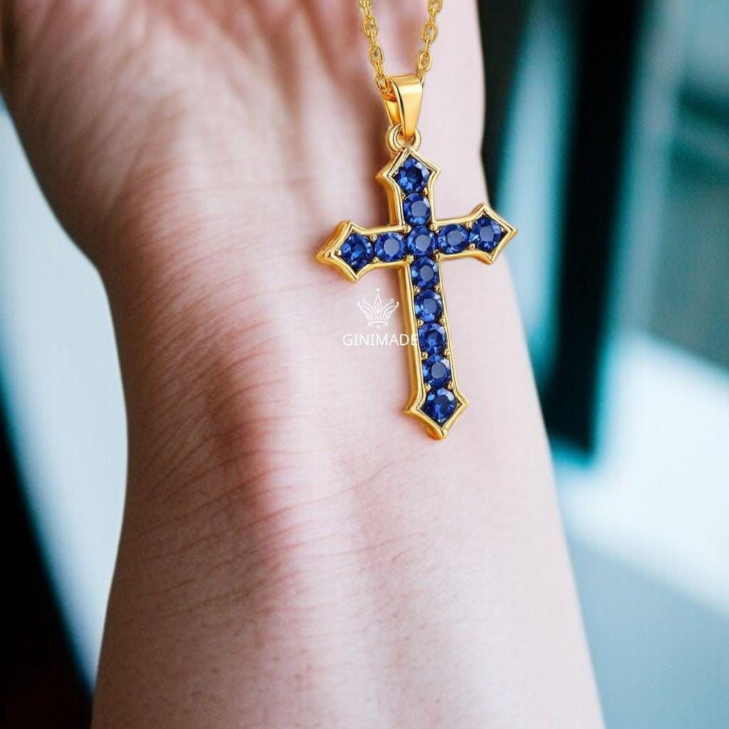 Gold Cross Necklace with Blue CZ – Gothic Christian Pendant – Blue Stone Faith Jewelry – Religious Gift for Him or Her