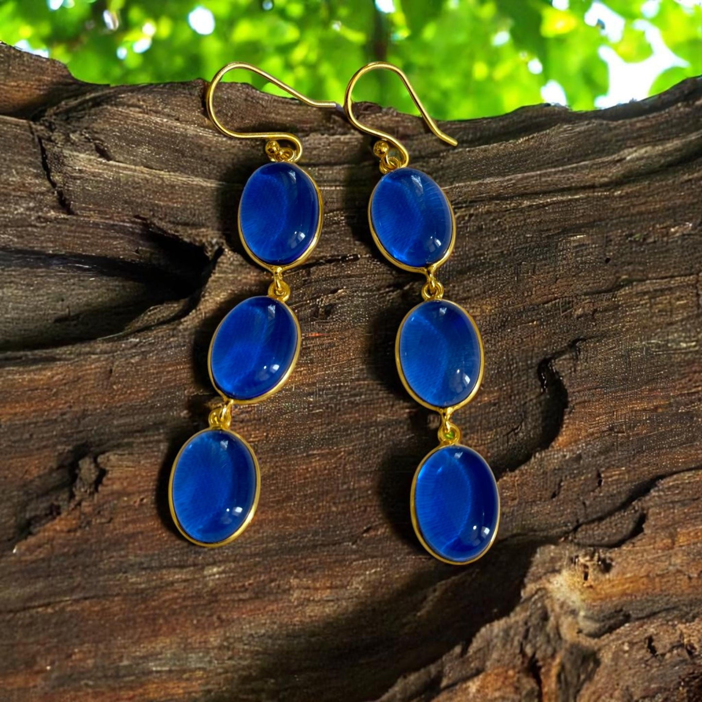 Handmade Boho Chic Gold Dangle Earrings – Triple Blue Oval Gemstone Statement Drop Earrings for Women