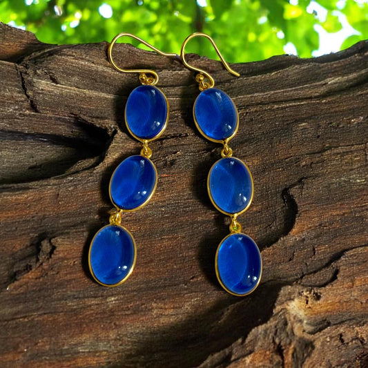 Handmade Boho Chic Gold Dangle Earrings – Triple Blue Oval Gemstone Statement Drop Earrings for Women