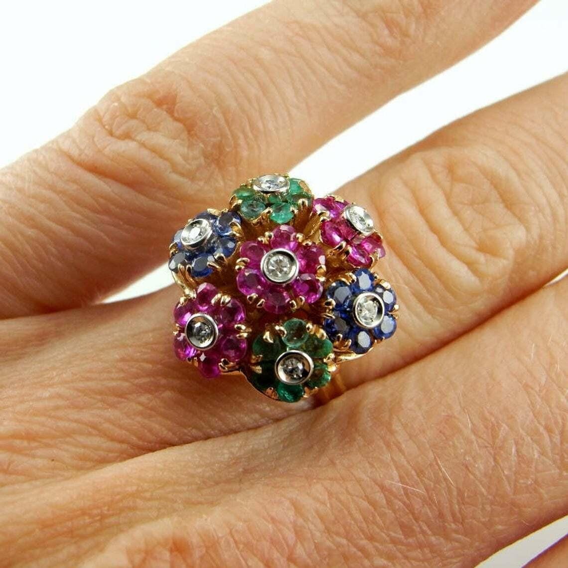 Estate jewelry, vintage flower ring, 925 silver, 18K gold-plated, CZ