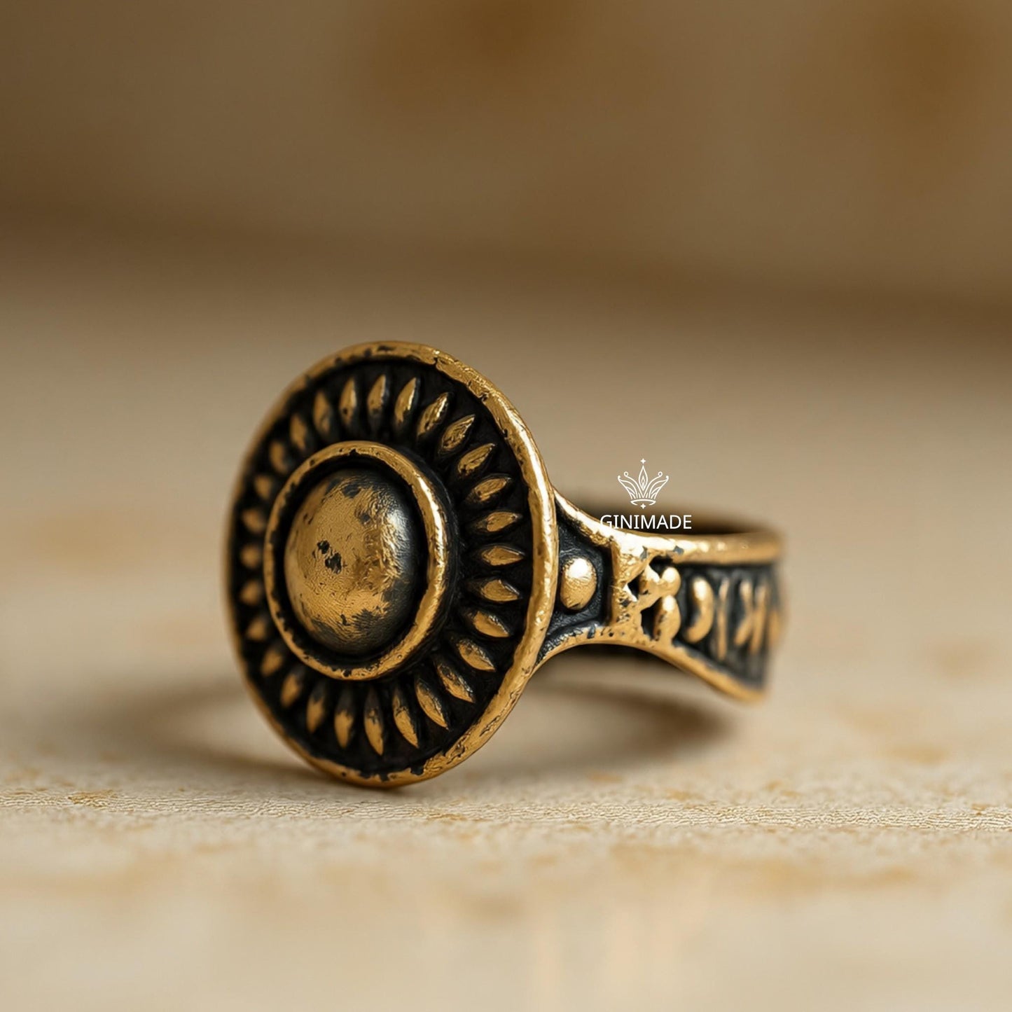 Vintage Tribal Brass Ring – Handmade Ethnic Boho Statement Ring – Bold Round Adjustable Ring for Women – Antique Jewelry by Ginimade