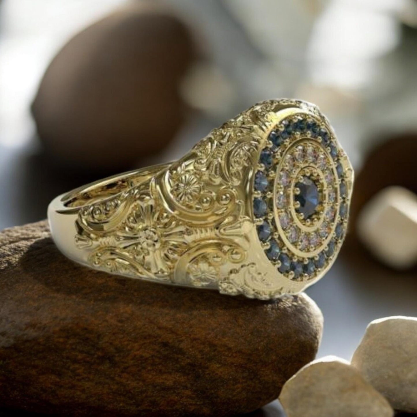 Gold Signet Ring • Vintage Engraved Ring • Blue & White CZ Halo • Statement Ring for Him or Her ||Custom Heirloom Jewelry