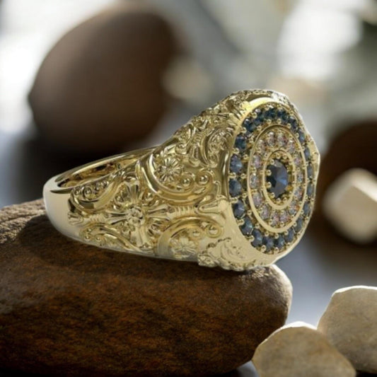 Gold Signet Ring • Vintage Engraved Ring • Blue & White CZ Halo • Statement Ring for Him or Her ||Custom Heirloom Jewelry