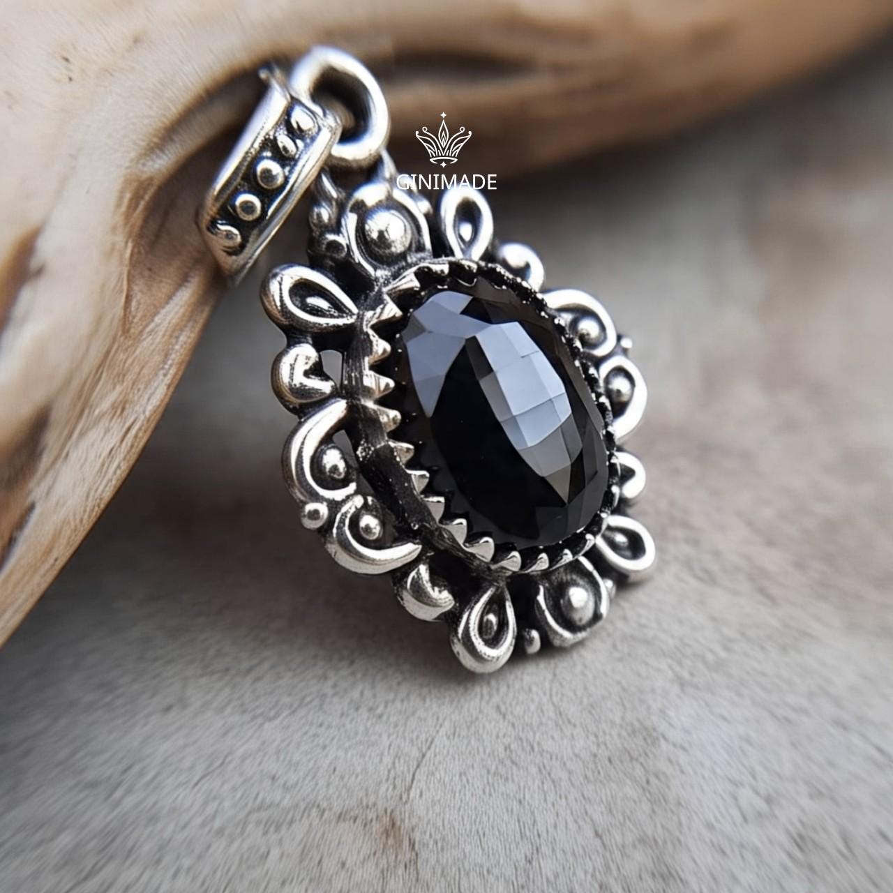 Handcrafted Black Onyx Pendant in Vintage Sterling Silver | Boho Gothic Oval Gemstone Necklace | Artisan Indian Jewelry Gift for Her
