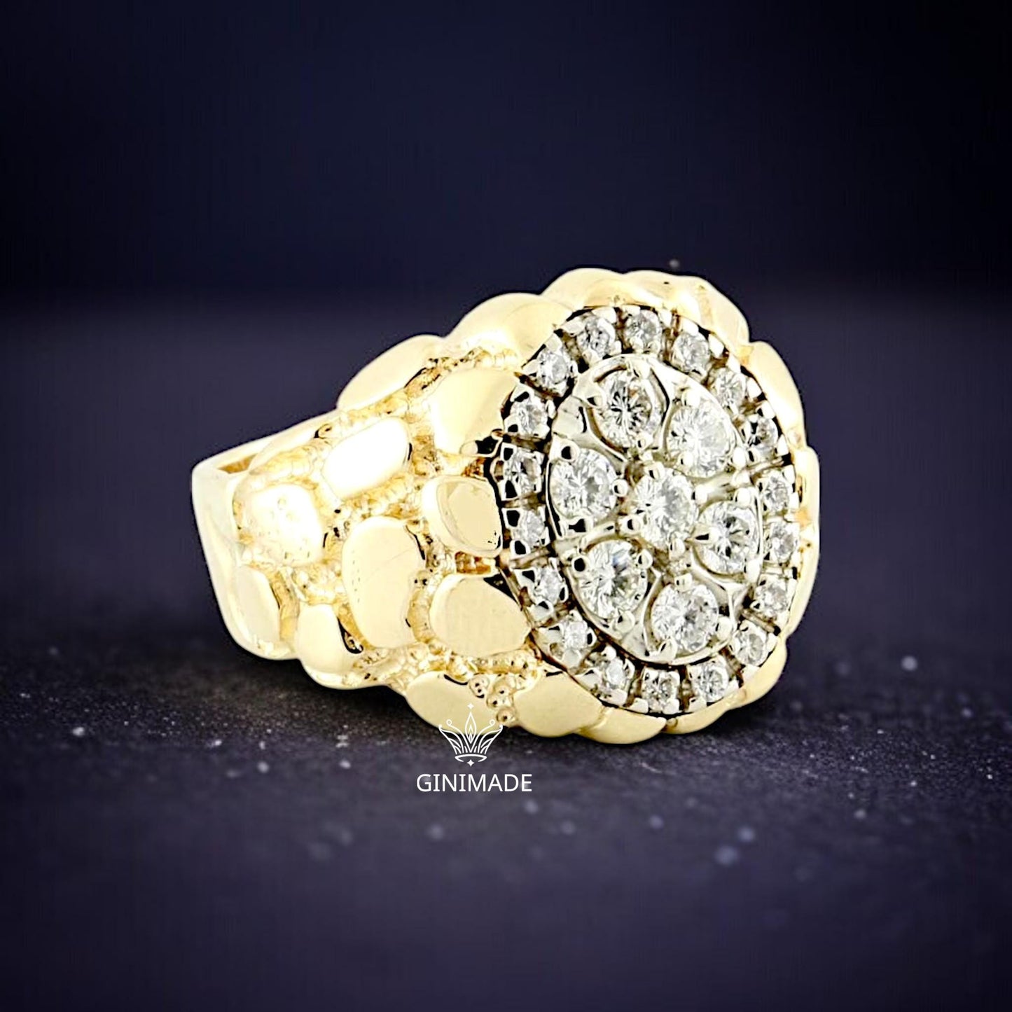 Gold Nugget CZ Ring – Oval Cluster Statement Ring for Men – 18K Gold Plated Hip Hop Bling Ring – Vintage Style Iced Out Ring by Ginimade