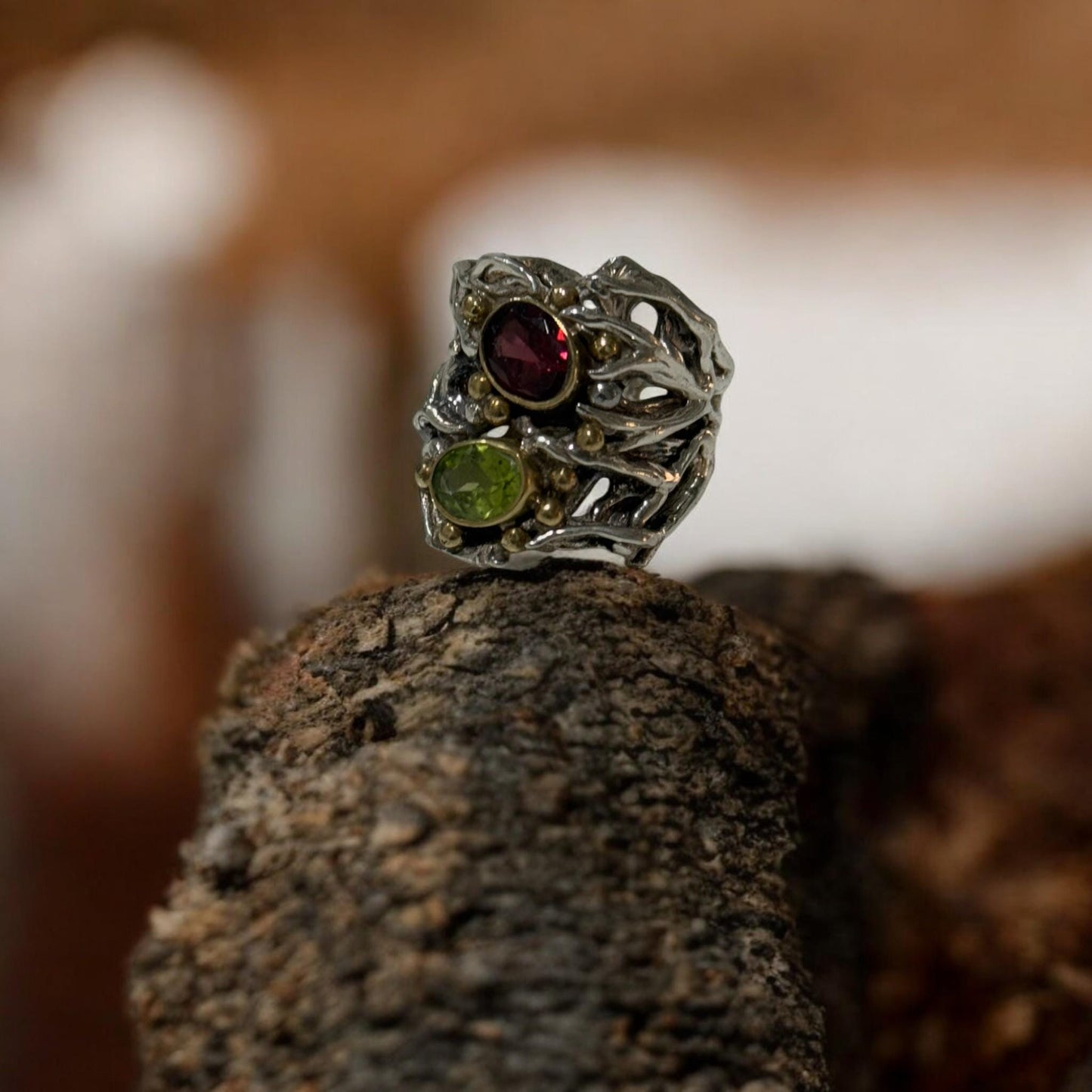 Handmade 925 Sterling Silver Statement Ring with Natural Peridot & Garnet | Artisan Textured Gemstone Ring | Unique Boho Jewelry for Her.