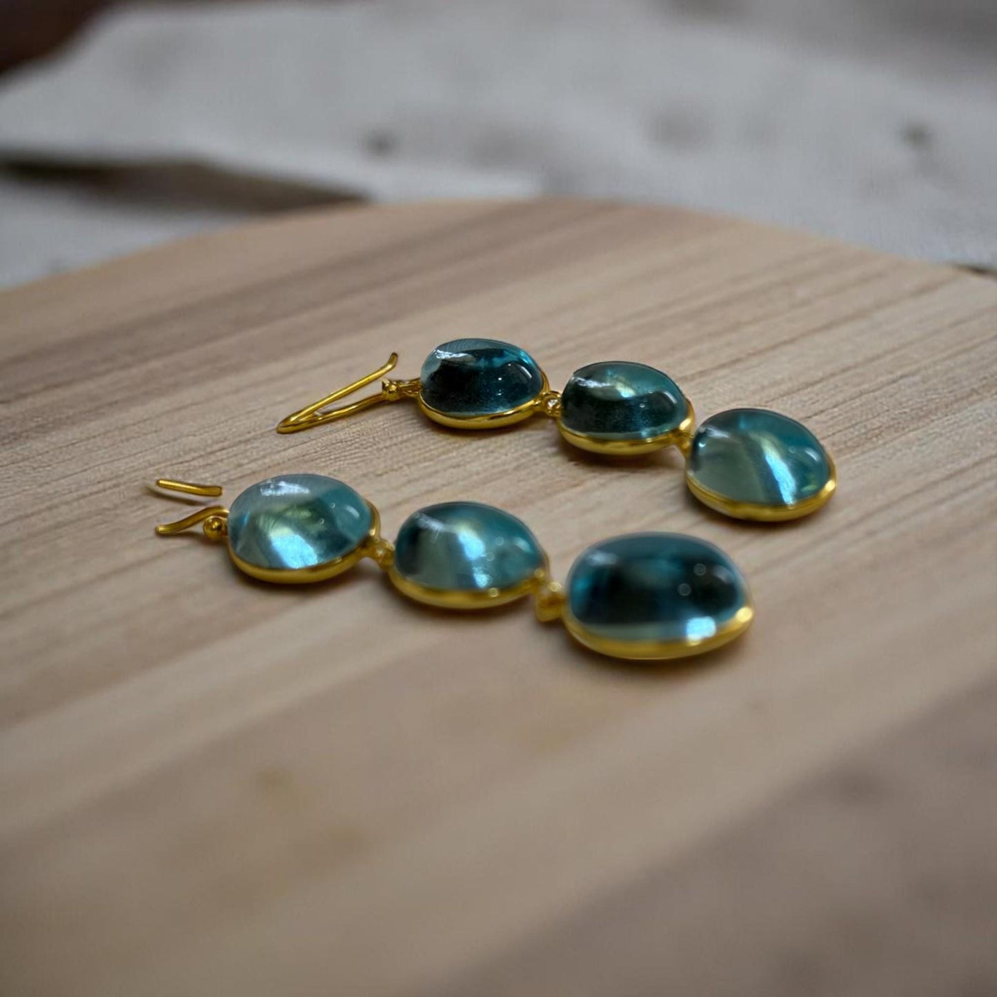 Lush Blue Drops – Handcrafted 3-Stone Brass Earrings – Bohemian Chic Dangle Jewelry for Her