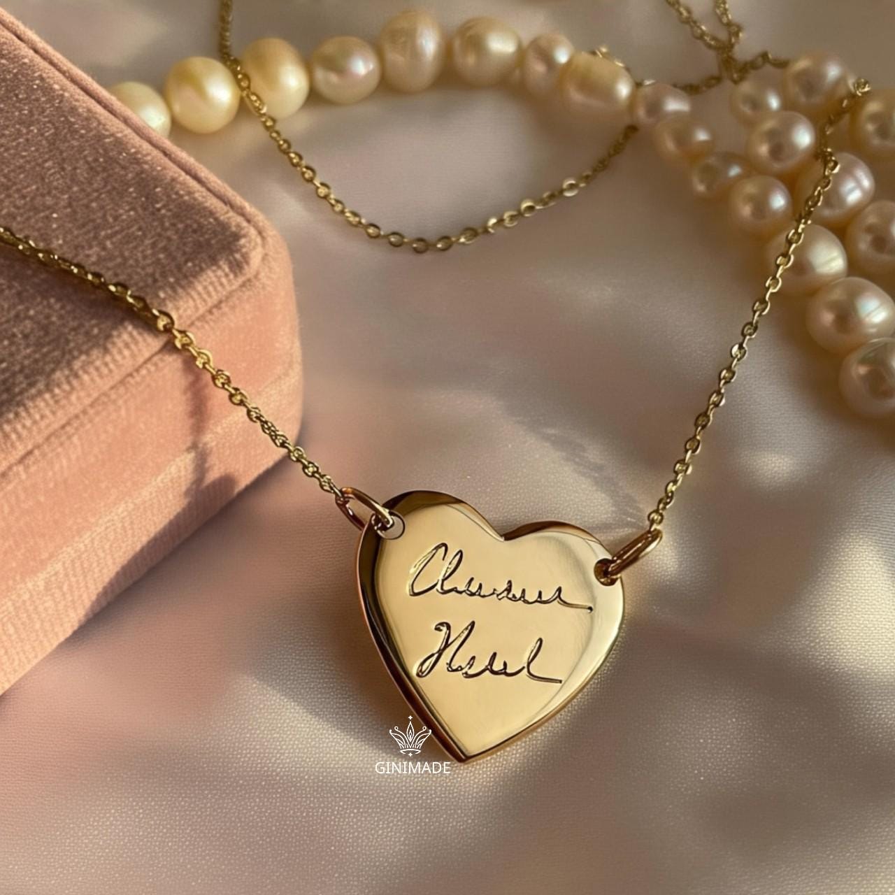 Custom Handwriting Heart Necklace • Memorial Signature Jewelry • Personalized Gold Engraved Necklace • Actual Handwriting Gift for Her