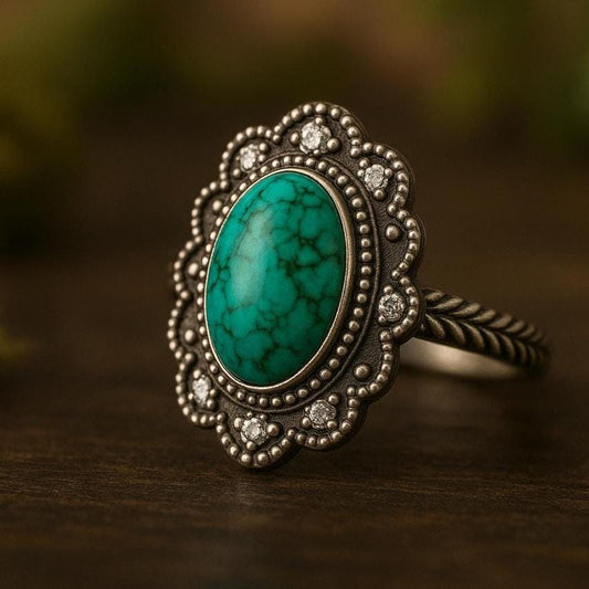 Boho Natural Tibetan Turquoise Rings in 925 Sterling Silver – Oval Gemstone Accents, Vintage-Inspired Bohemian Jewelry