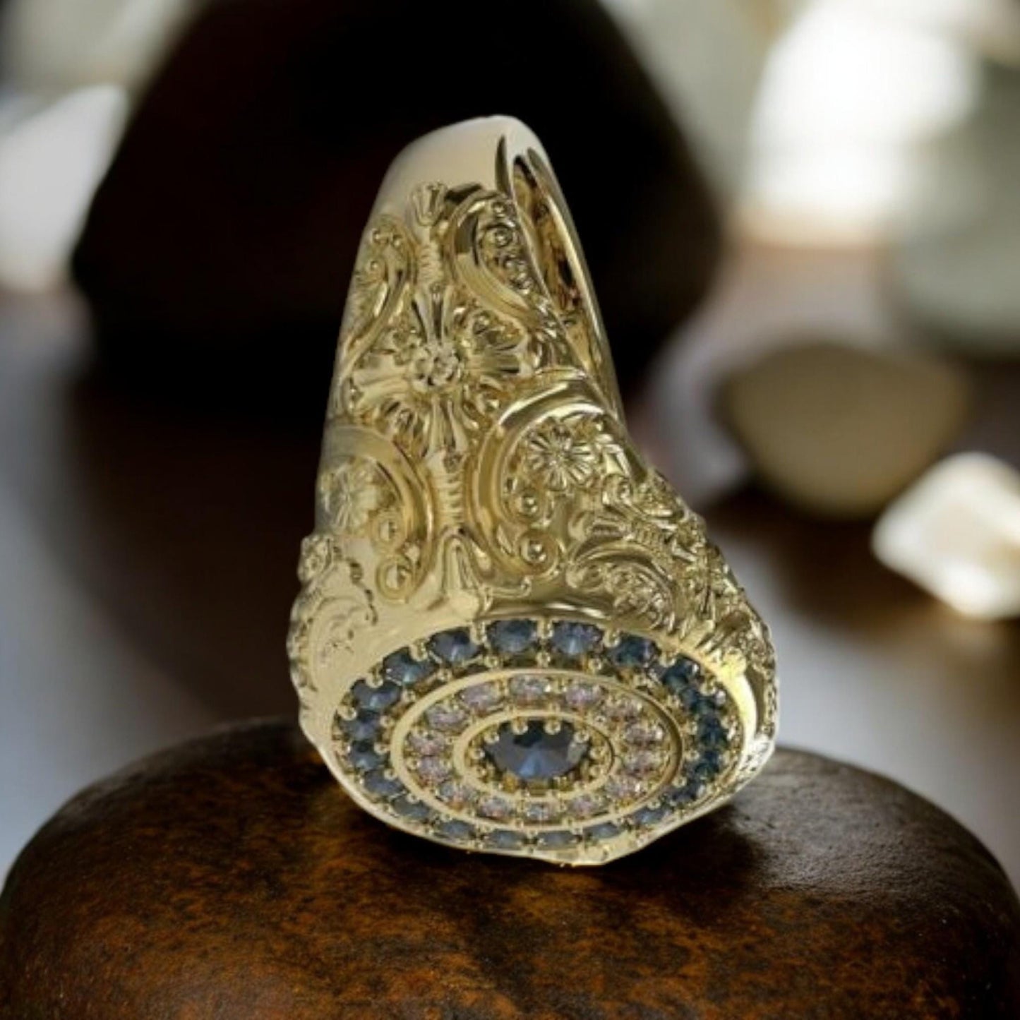 Gold Signet Ring • Vintage Engraved Ring • Blue & White CZ Halo • Statement Ring for Him or Her ||Custom Heirloom Jewelry