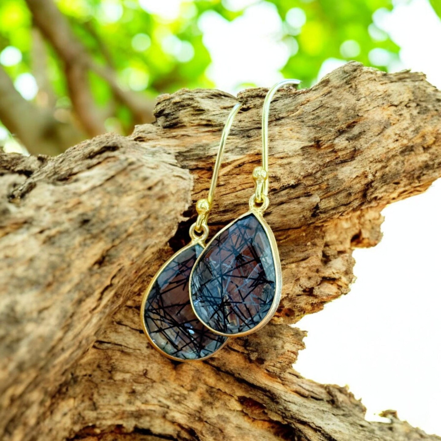 Handmade Rutilated Quartz Earrings – Teardrop Gemstone Dangle Earrings – Gold-Plated Jewelry Gift for Women.