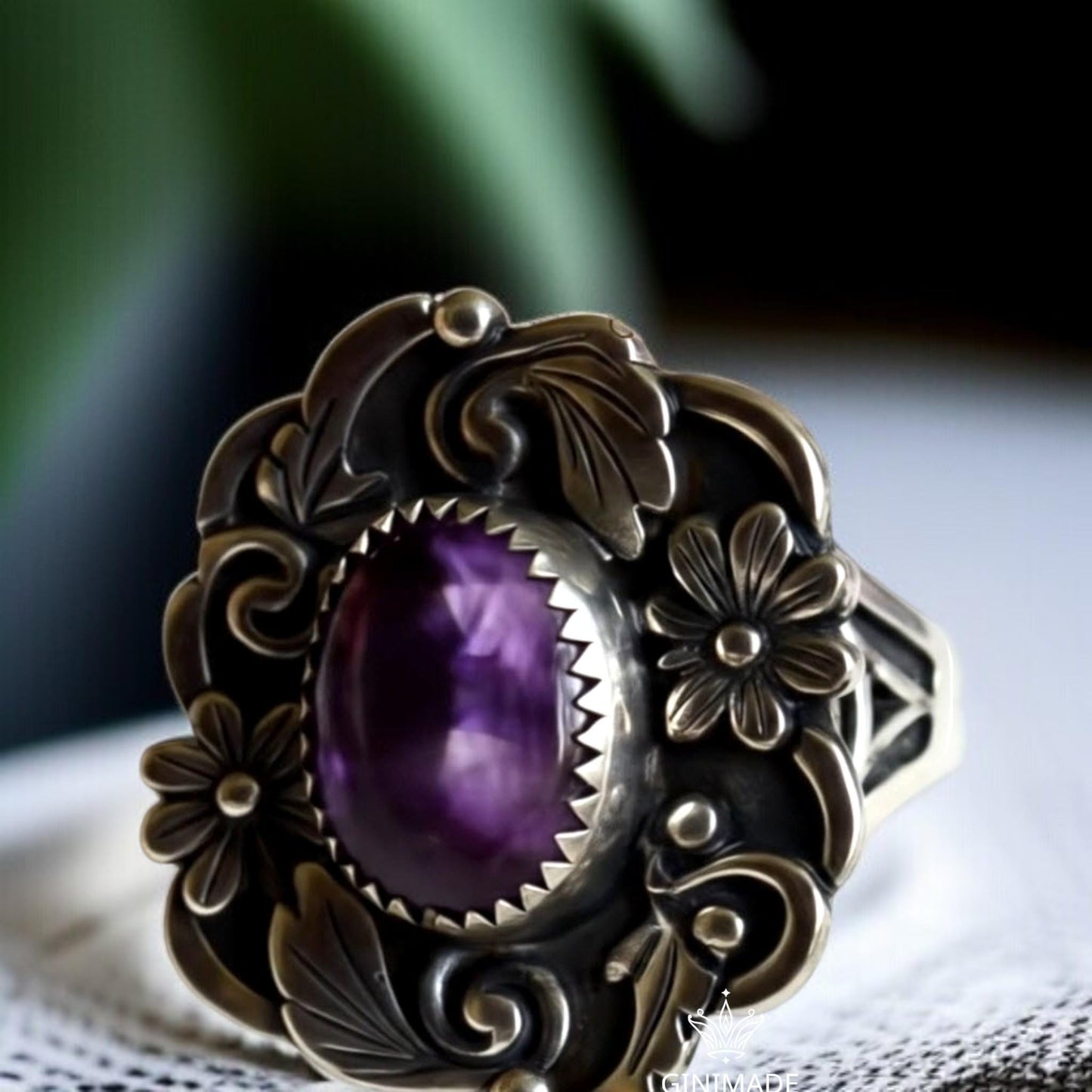 Bold Amethyst Ring – Bohemian Nature-Inspired Silver Jewelry – Floral Leaf Design