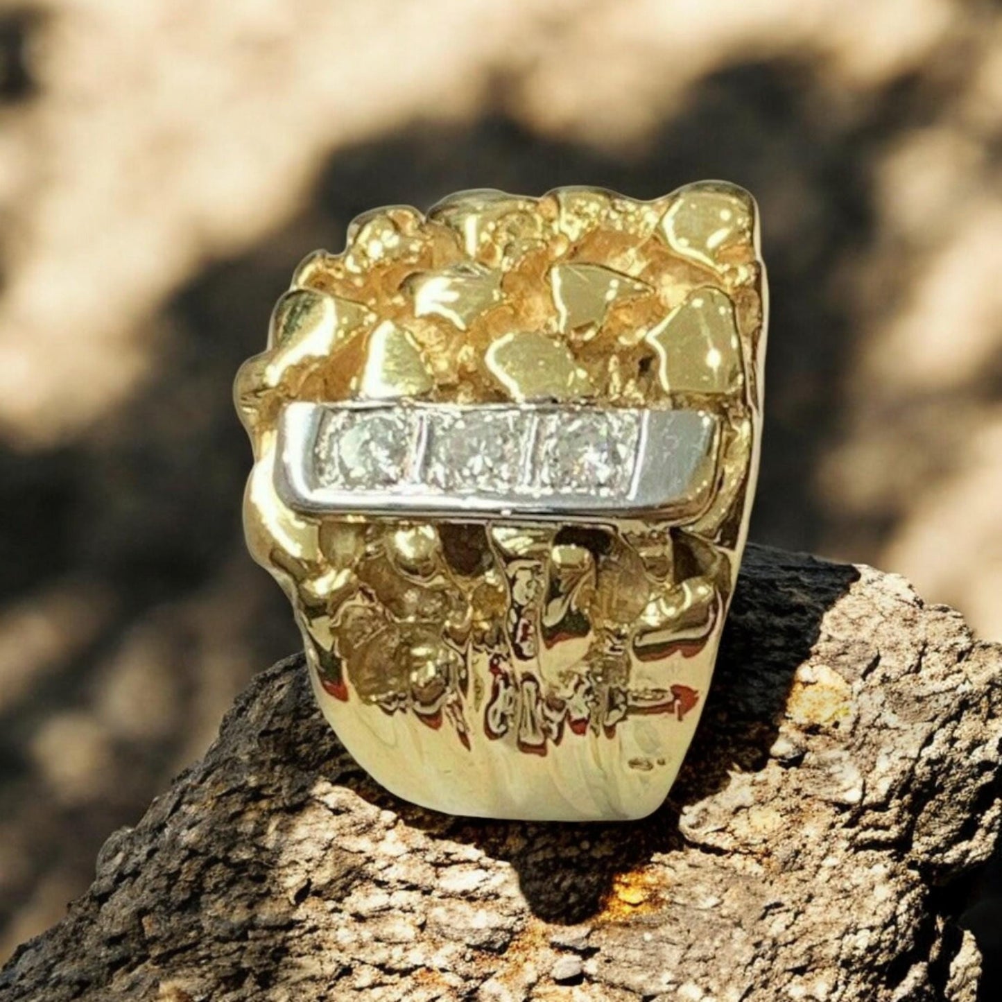 Personalized Nugget Ring – 925 Sterling Silver Statement Ring – Textured Gold & Silver Band – Unique Men’s Jewelry – fathers day gift