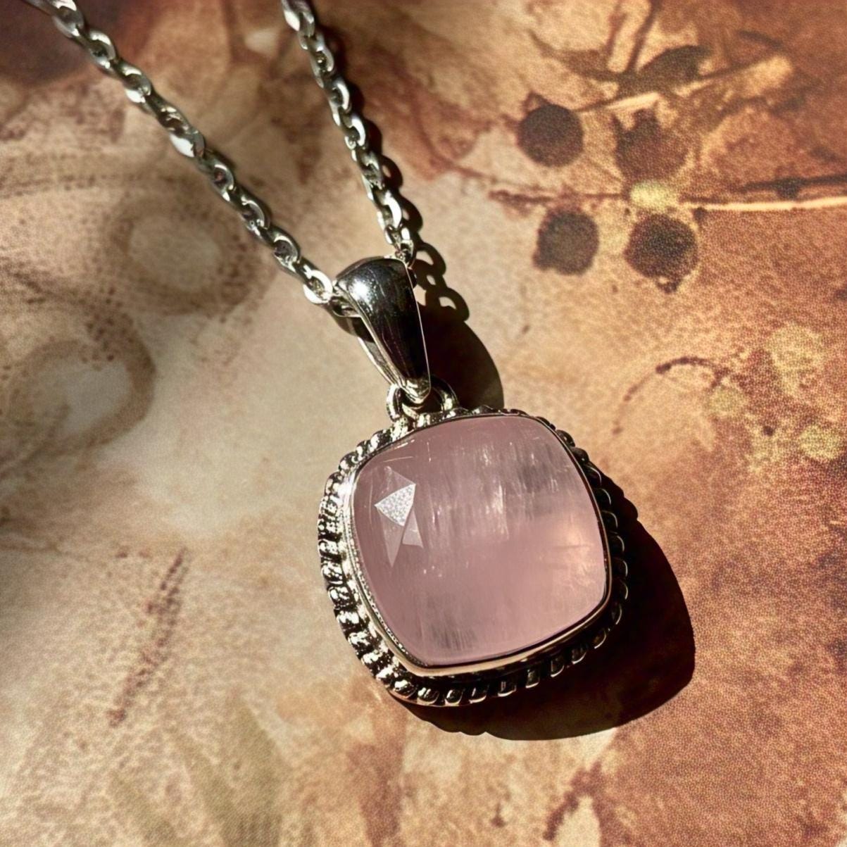 Rose Quartz Pendant Necklace, Boho Chic Jewelry, Sterling Silver, Gift for Her.