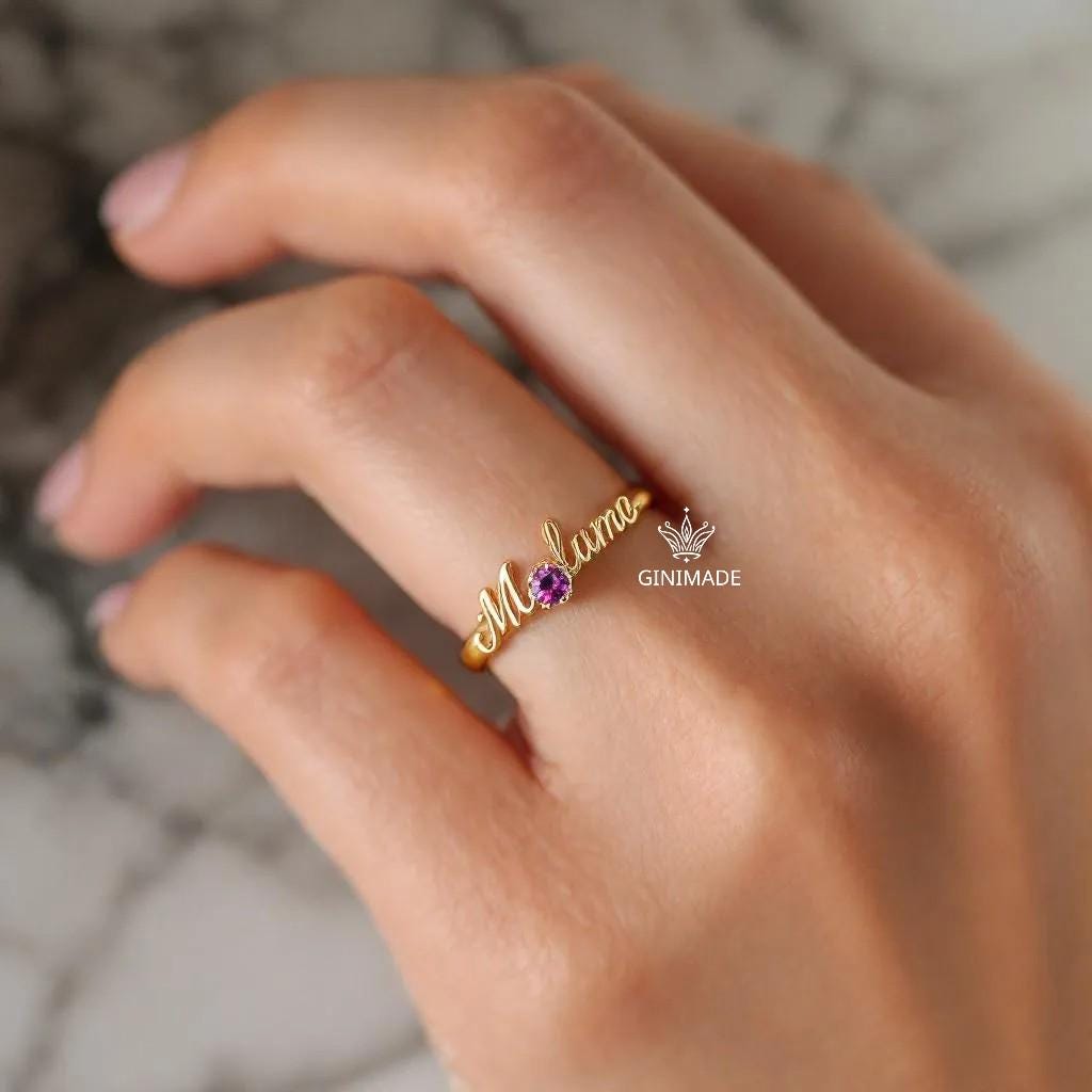 Custom Name Birthstone Ring • CZ Personalized Name Ring • Dainty Stacking Jewelry • Graduation Gift • Gift for Her • Proposal Ring