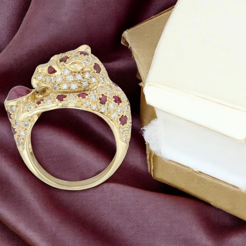 Unique CZ Ruby and CZ Diamond  Panther Leopard Ring in 14k Yellow Gold Plated Silver 925 – Elegant Animal Inspired Jewelry