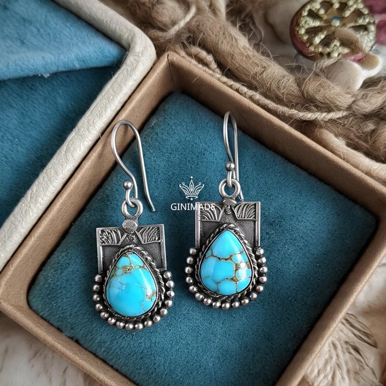 Boho Turquoise Drop Earrings | Handmade Tribal Silver Dangle Earrings | Teardrop Gemstone Oxidized Earrings | Ethnic Indian Jewelry