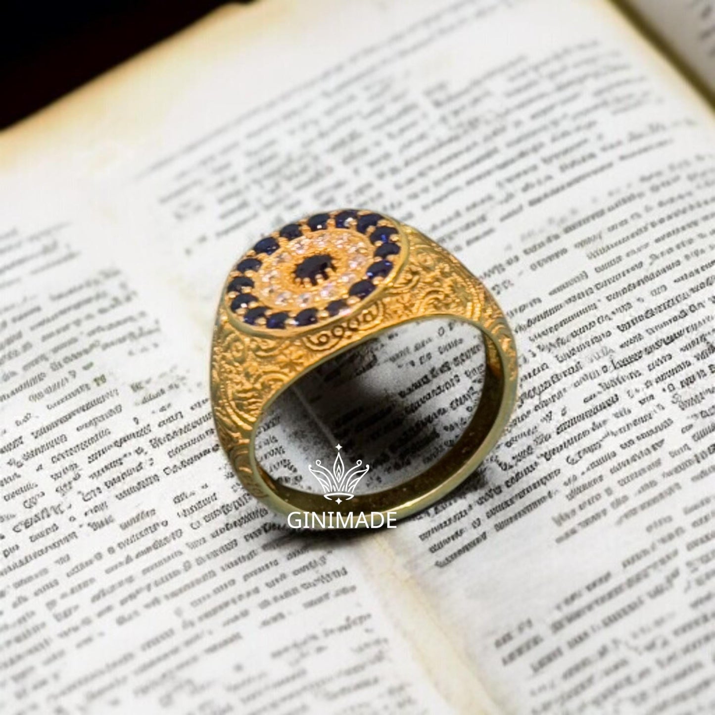 Gold Signet Ring • Vintage Engraved Ring • Blue & White CZ Halo • Statement Ring for Him or Her ||Custom Heirloom Jewelry