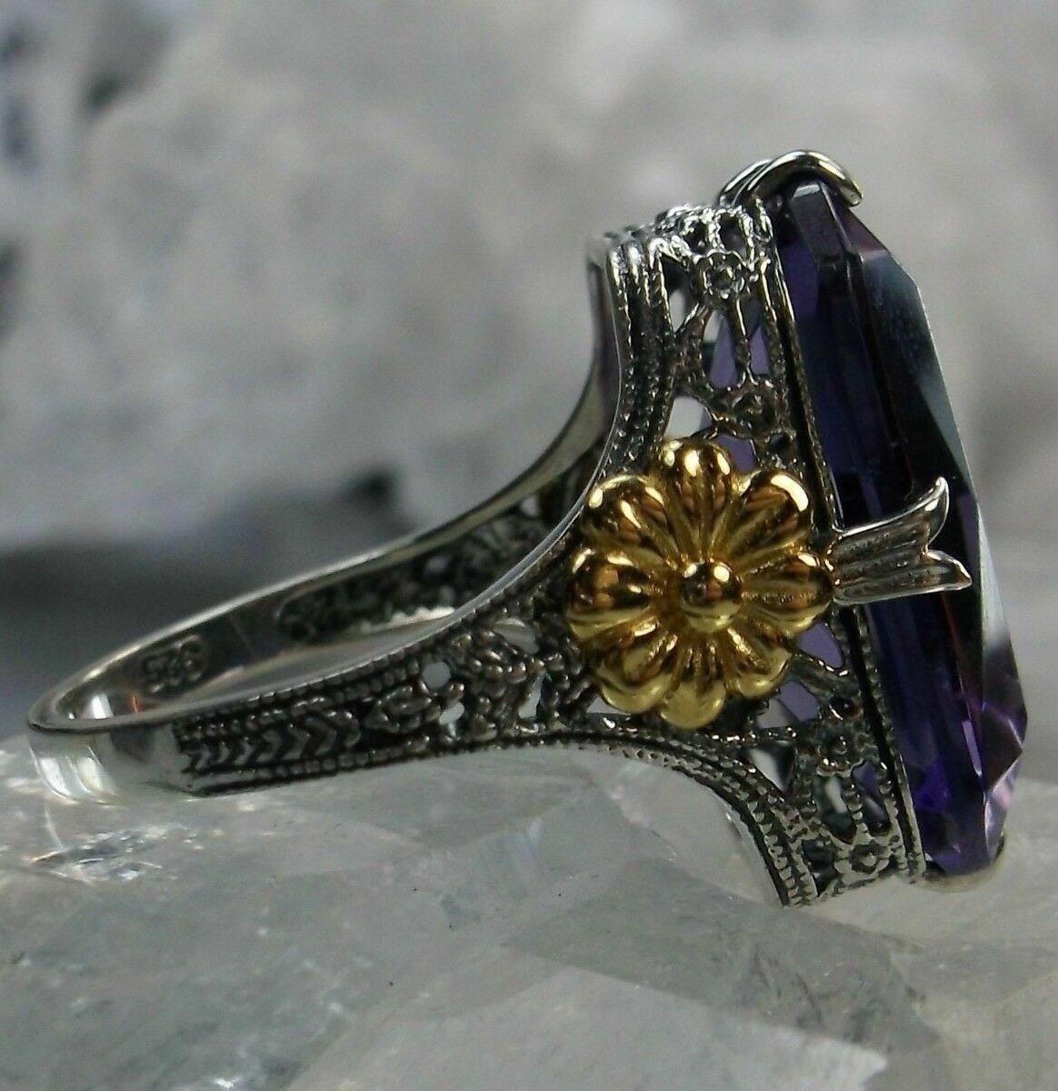 Amethyst Floral Band Ring - Sterling Silver 925 - Women&#39;s Accessory