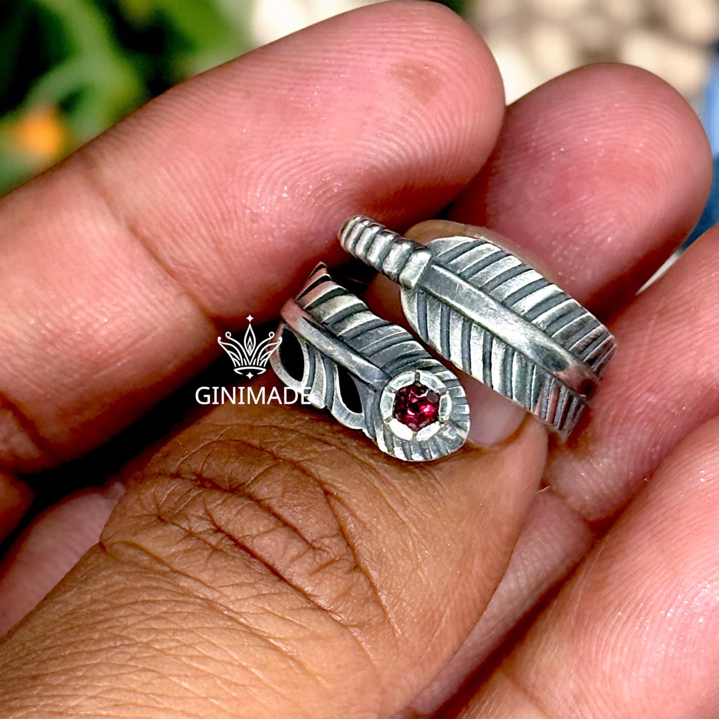 Feather Wrap Ring with Natural Rhodolite | 925 Sterling Silver Boho Ring | Adjustable Bird Feather Ring | Gift for Her | Handmade Jewelry.