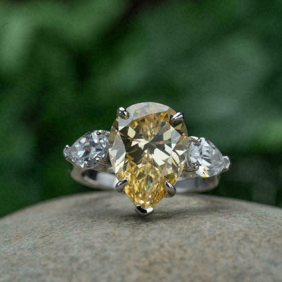 3-Stone Engagement Ring, 925 Sterling Silver, Light Yellow, Luxury Jewelry.