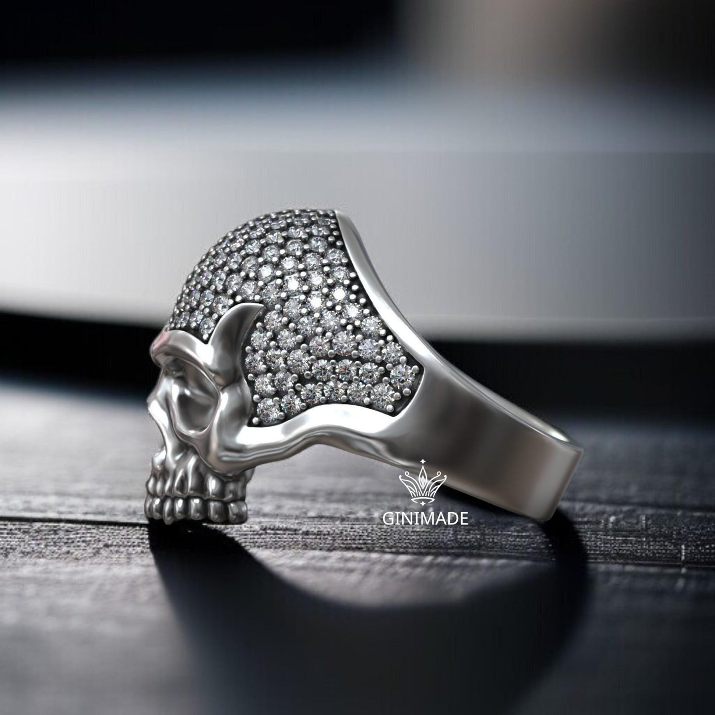 Diamond Skull Ring for Men – Sterling Silver Gothic Skull Head Ring – Iced Out Punk Biker Jewelry – Handmade Statement Ring by Ginimade