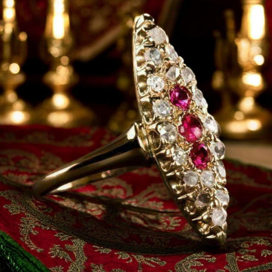 Antique-style ruby and diamond ring, 14k gold plated silver, elegant jewelry