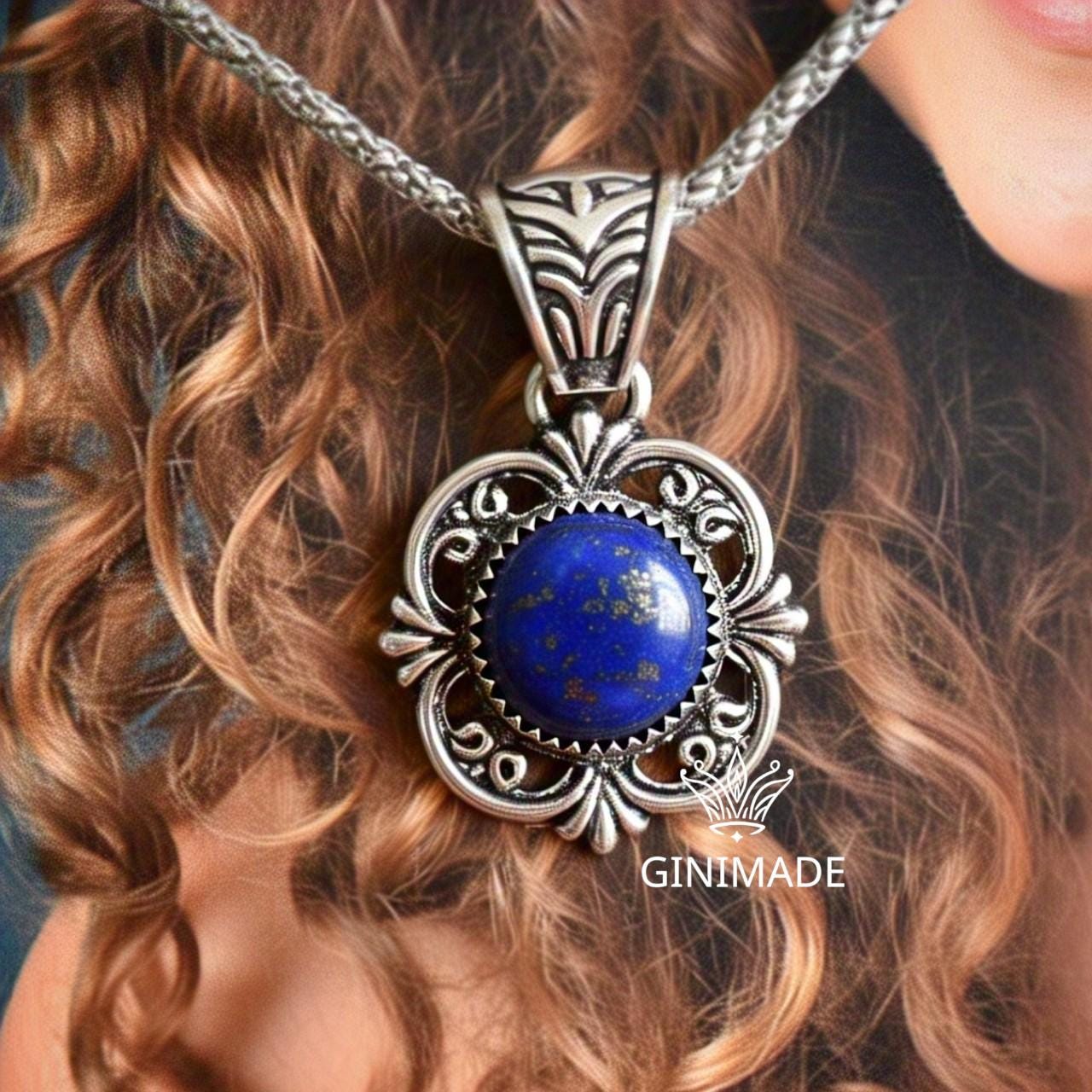 Lapis Lazuli Pendant Necklace – Vintage Boho Silver Filigree Jewelry – Handmade Blue Gemstone Charm – Statement Necklace for Women.
