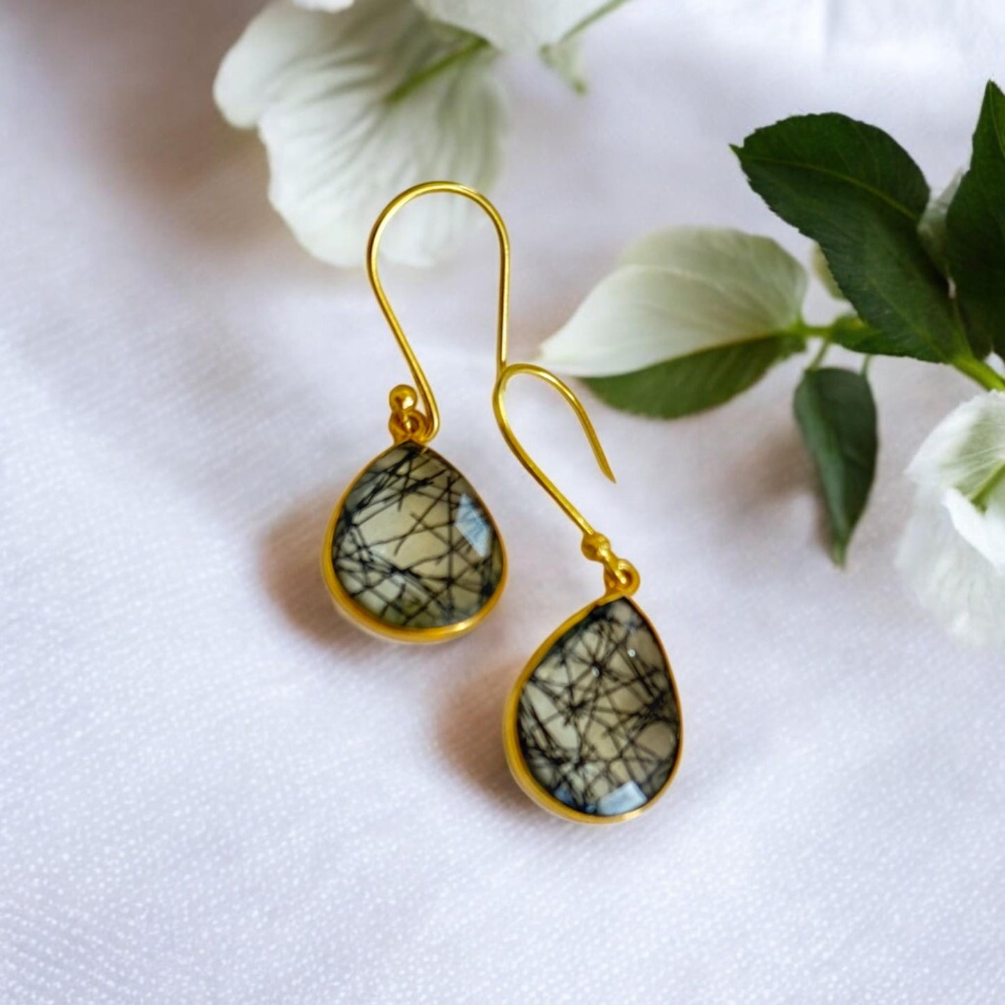 Handmade Rutilated Quartz Earrings – Teardrop Gemstone Dangle Earrings – Gold-Plated Jewelry Gift for Women.