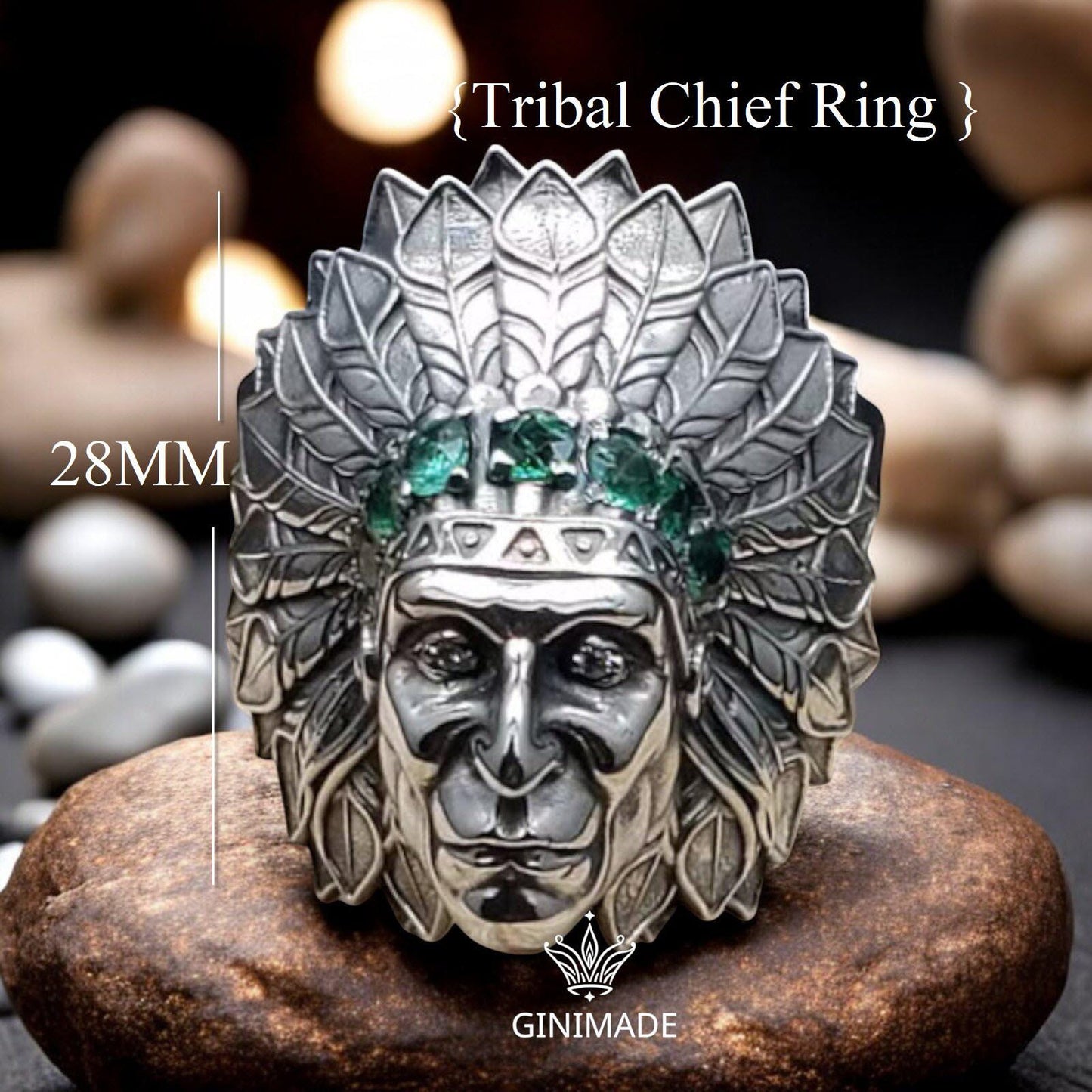 Tribal Chief Ring | 925 Sterling Silver Warrior Band | Bold Men's Statement Ring | Emerald CZ Crown | Handmade Father's Day Gift