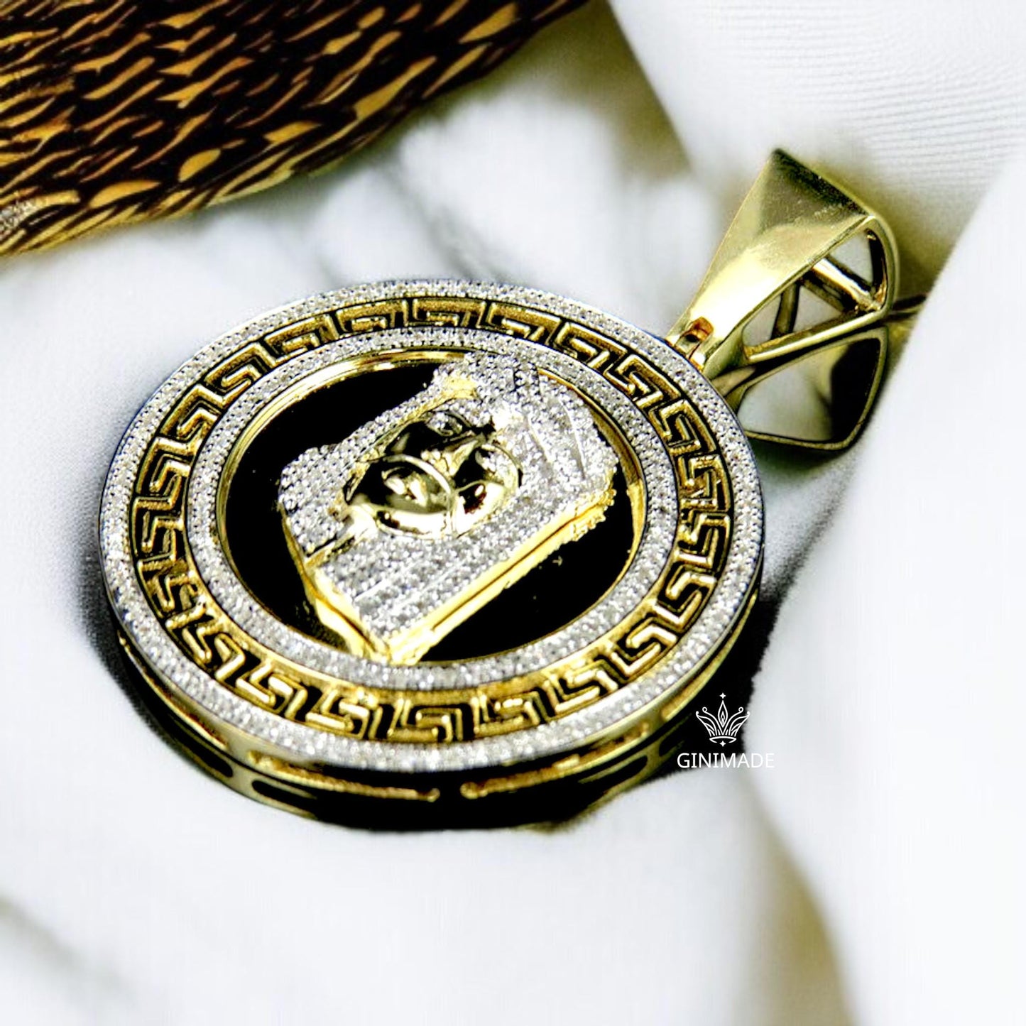 Gold Jesus Face Medallion Pendant – Iced Out CZ Religious Necklace – Hip Hop Bling Jesus Charm – Greek Key Border – Statement Faith Jewelry