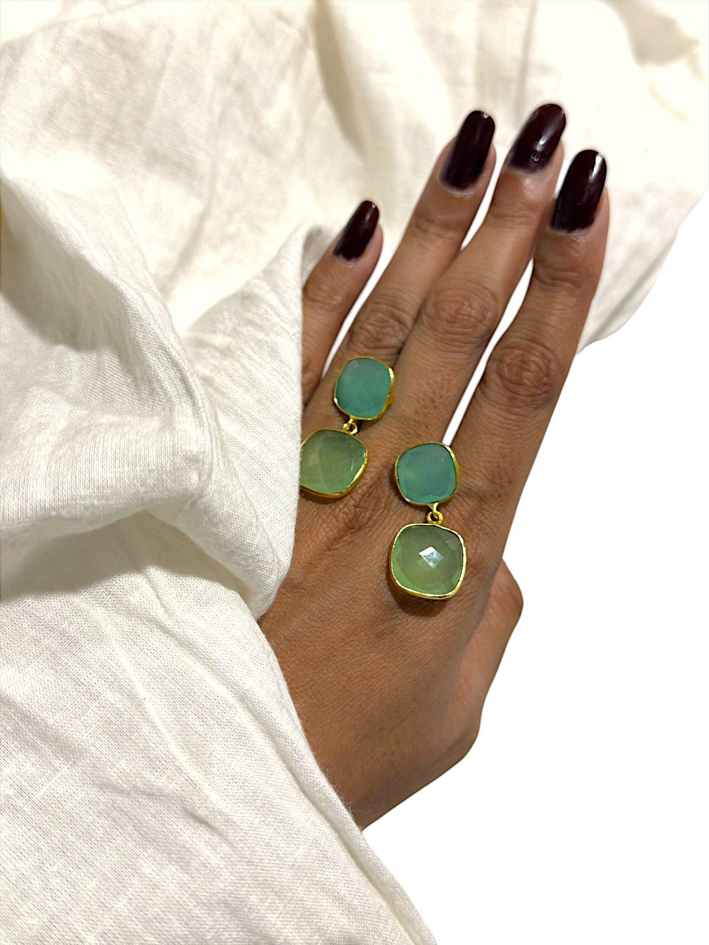 Green Gemstone Stud Earrings – Parrot Green & Aqua Stone Drops in 18k Gold Finish – Elegant Handmade Earrings for Women