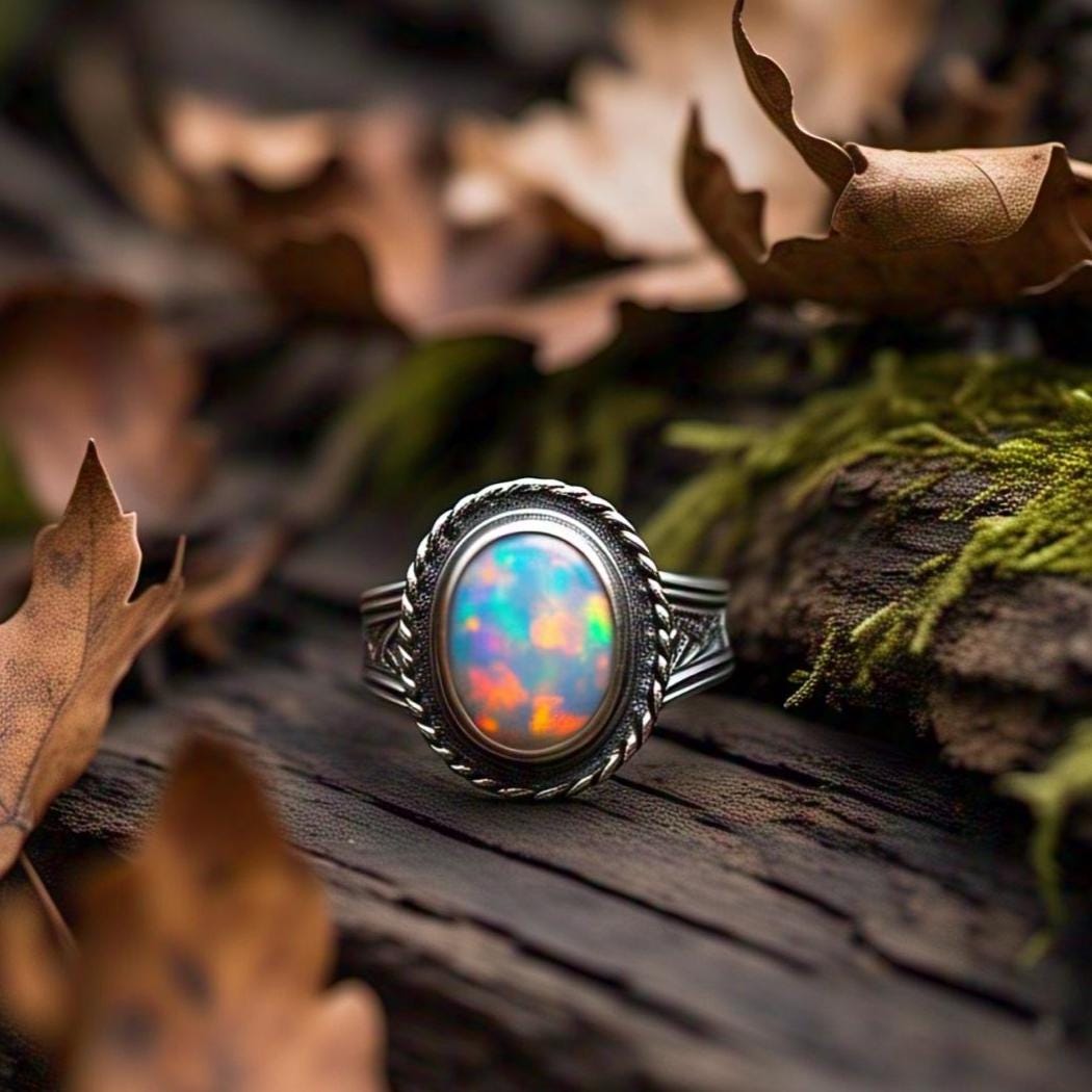 Boho Chic Opal Rings - 925 Sterling Silver, Oval Gemstone, CZ Diamonds