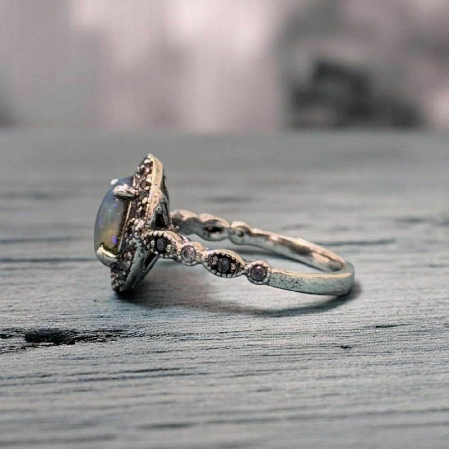 Boho Natural Opal Ring in 925 Sterling Silver – Oval Gemstone with CZ Diamond Accents, Vintage-Inspired Bohemian Jewelry