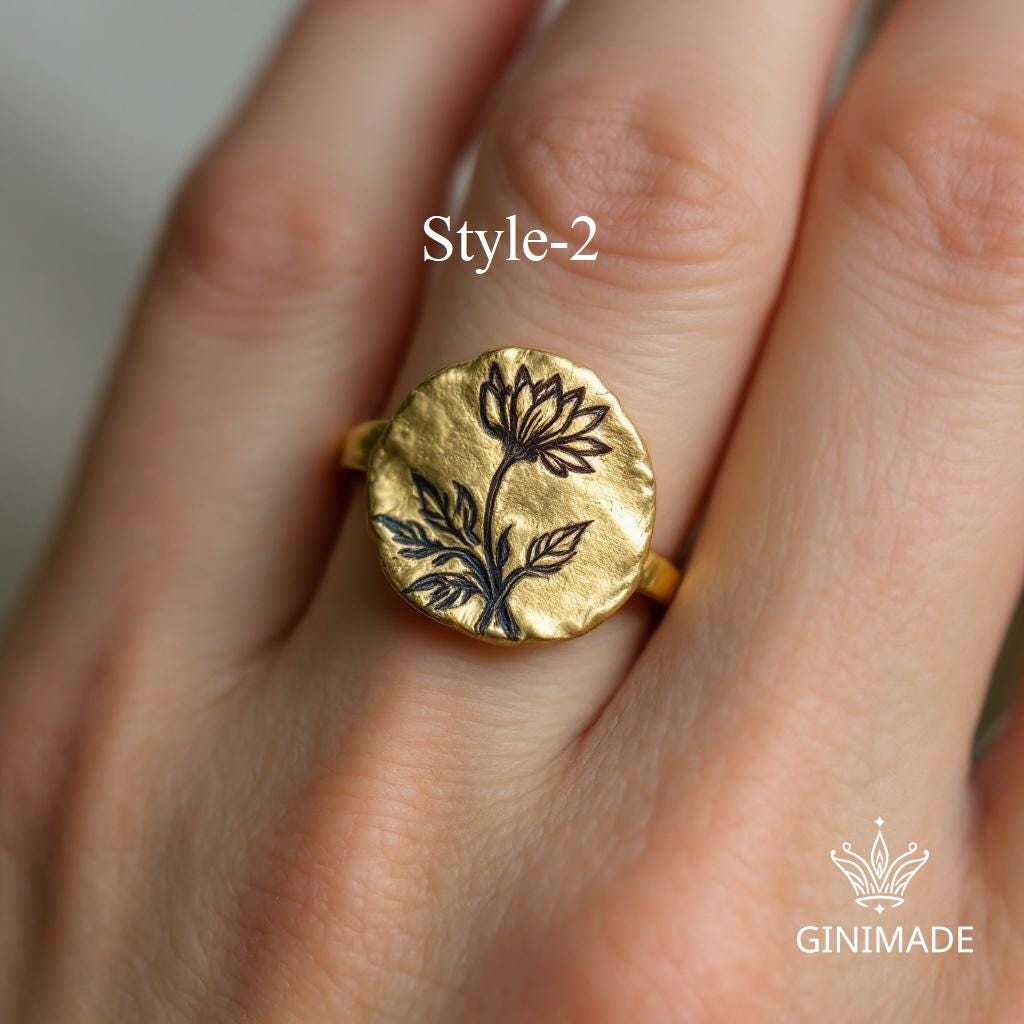 Personalized Birth Flower Ring •  Handmade Family Birth Month Bouquet Ring • Engraved Floral Ring for Mom, Grandma, or Her