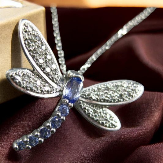 Dragonfly Necklace • Sterling Silver Pendant • Blue & White CZ Gemstones • Dainty Nature-Inspired Jewelry • Gift for Her