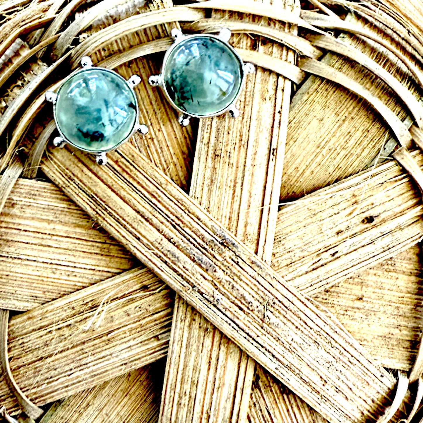 Moss Agate Brass Stud Earrings – Round Cabochon Silver Finish Earrings – Handmade Minimalist Gemstone Jewelry Gift for Her