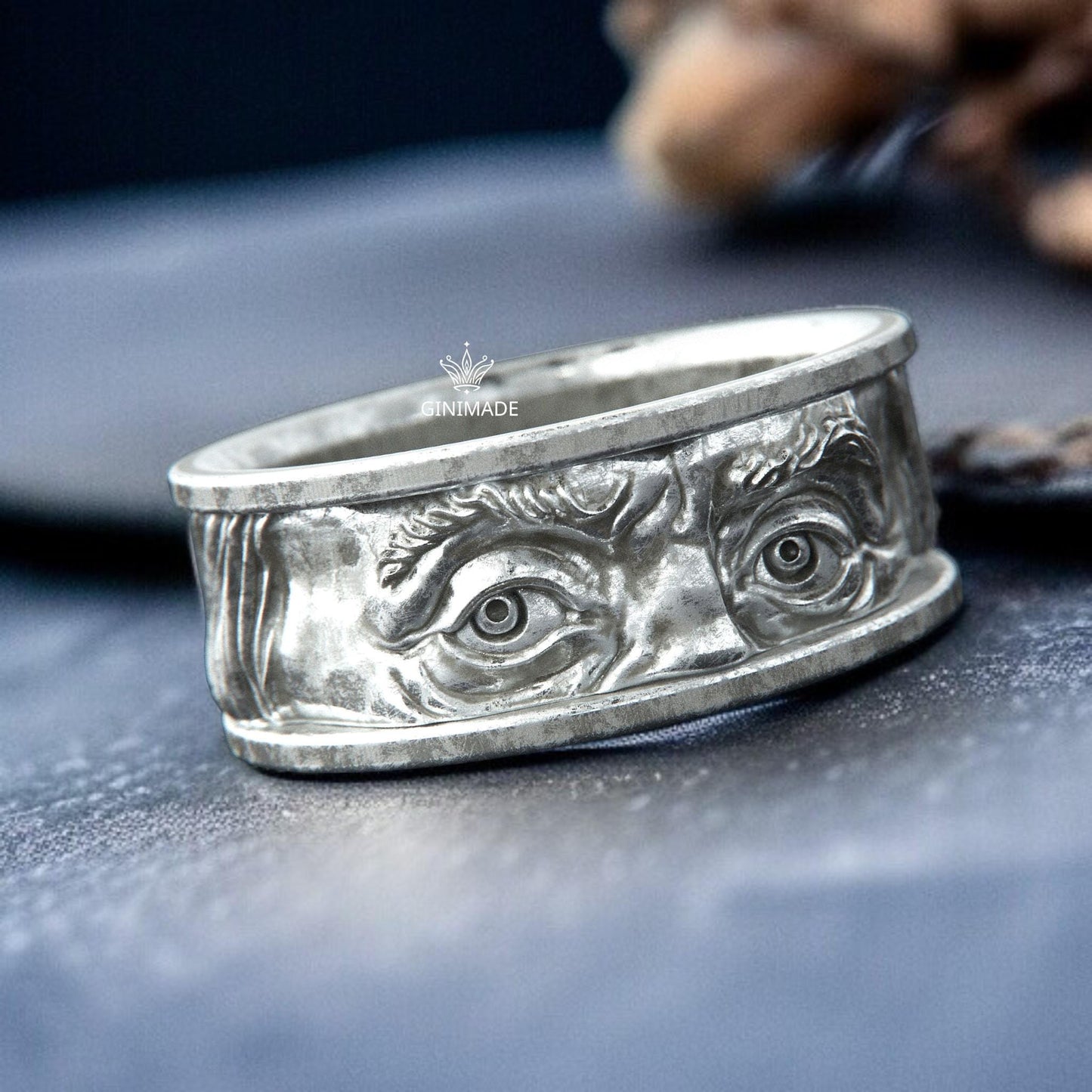 Franklin Eyes Ring | Bold Gold Face Ring | Handmade Sculpted Eye Band | GINIMADE Statement Jewelry | Gothic Men's Ring | Unique Artisan Ring