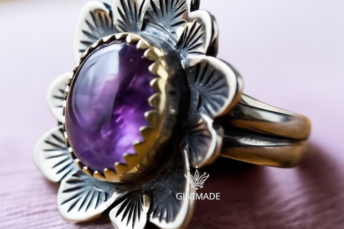 Handcrafted Mix metal Amethyst Ring – Silver Floral Leaf Design – Nature-Inspired Boho Jewelry