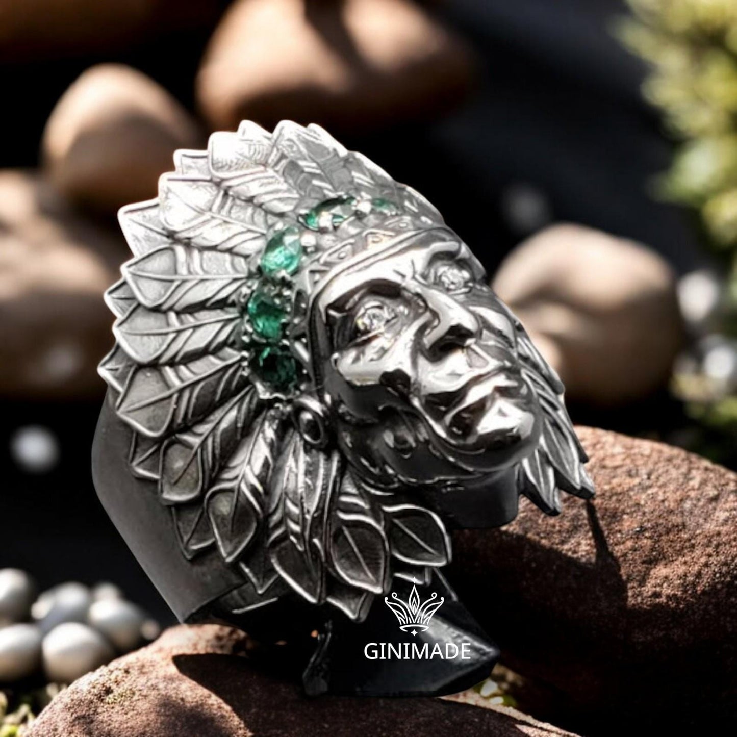 Tribal Chief Ring | 925 Sterling Silver Warrior Band | Bold Men's Statement Ring | Emerald CZ Crown | Handmade Father's Day Gift